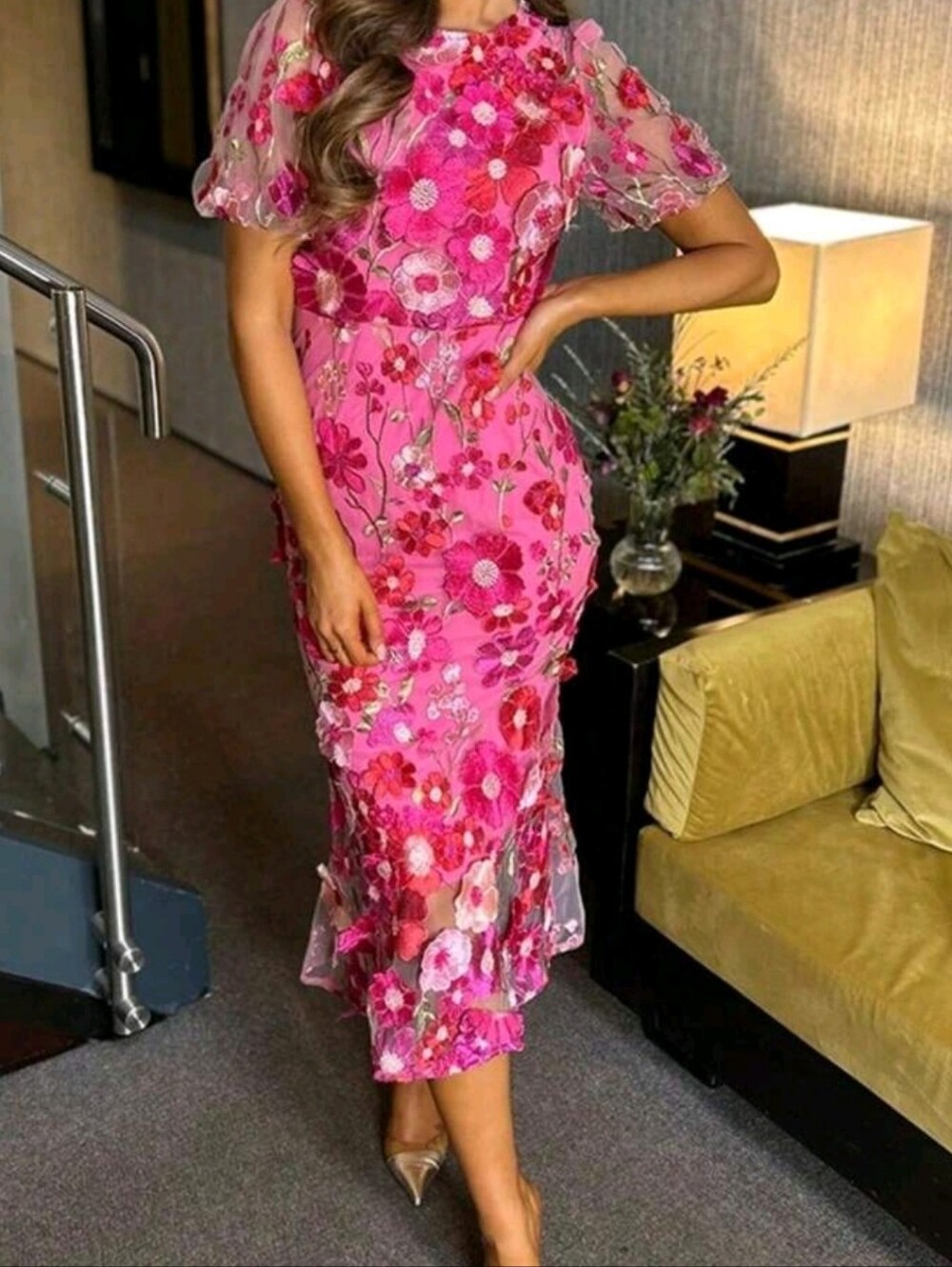 Pink Floral Embroidered Party Dress